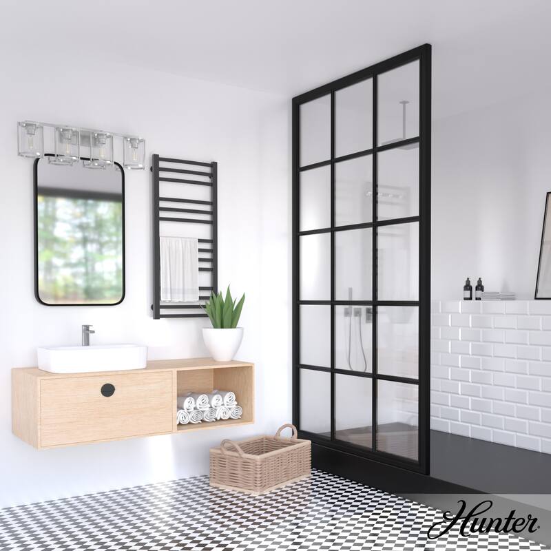 Hunter Astwood Bathroom Vanity Light, Clear Cylinder Glass, Damp Rated, Caged - Contemporary, Transitional, Art-Deco