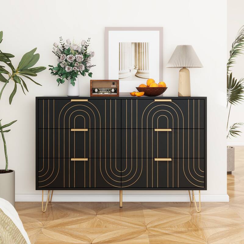 Contemporary 6-Drawer Dresser with Metal Handles and Carved Details for Living Room - Black