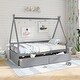 preview thumbnail 2 of 19, Twin Size Wooden House Bed with Roof and Safety Guardrail