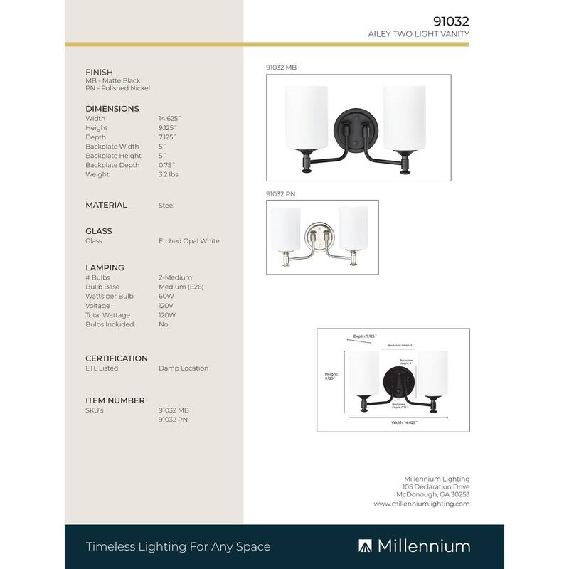 Millennium Lighting Ailey 2/3 Light Vanity Fixture