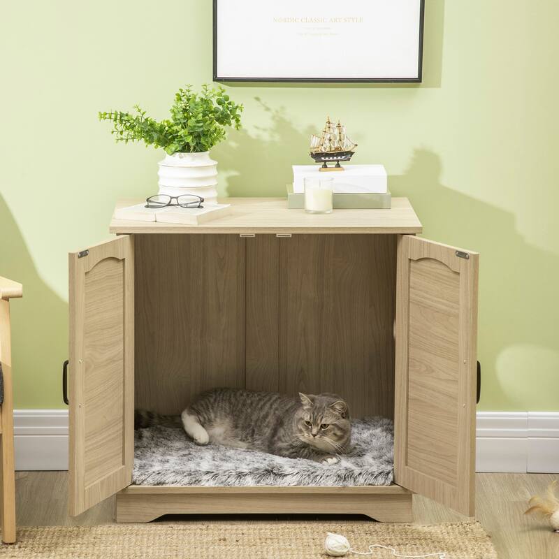 PawHut 3-in-1 Cat Litter Box Furniture Hidden, Cat Cabinet Bed, End Table with Rattan, Kitty Bed with Plush Foam Cushion