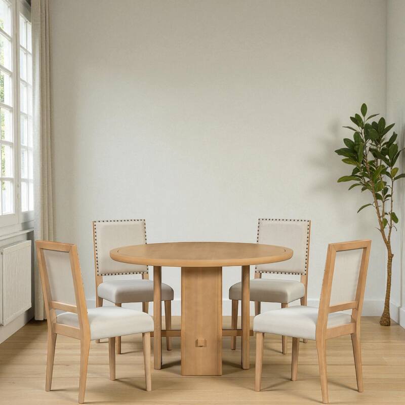 5-Piece Round Farmhouse Dining Table Set, 46.9" Wood Table with 4 Upholstered Chairs, Modern Rustic Kitchen Furniture