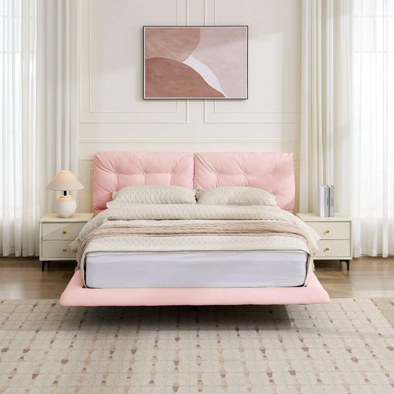 Queen Size Upholstered Floating Platform Bed Frame with LED Lights with Button-tufted Headboard
