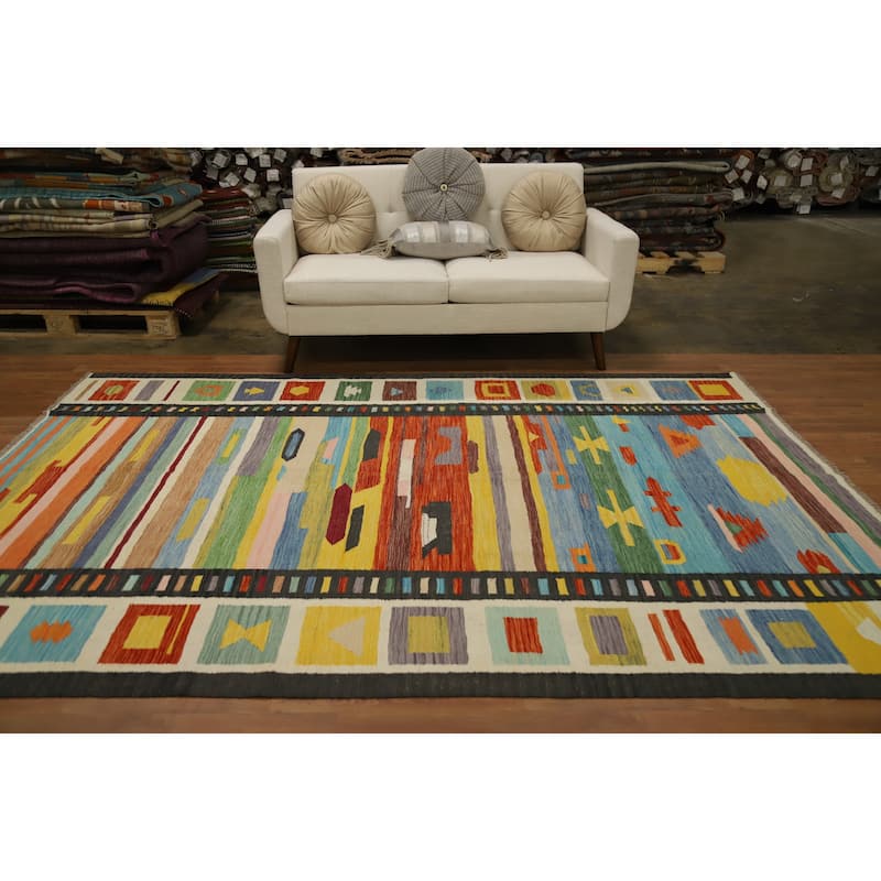 Hand Woven Oriental 100% Wool Carpet Southwestern Tribal Multi-Colored Kilim Area Rug - 9' 7'' X 6' 7''