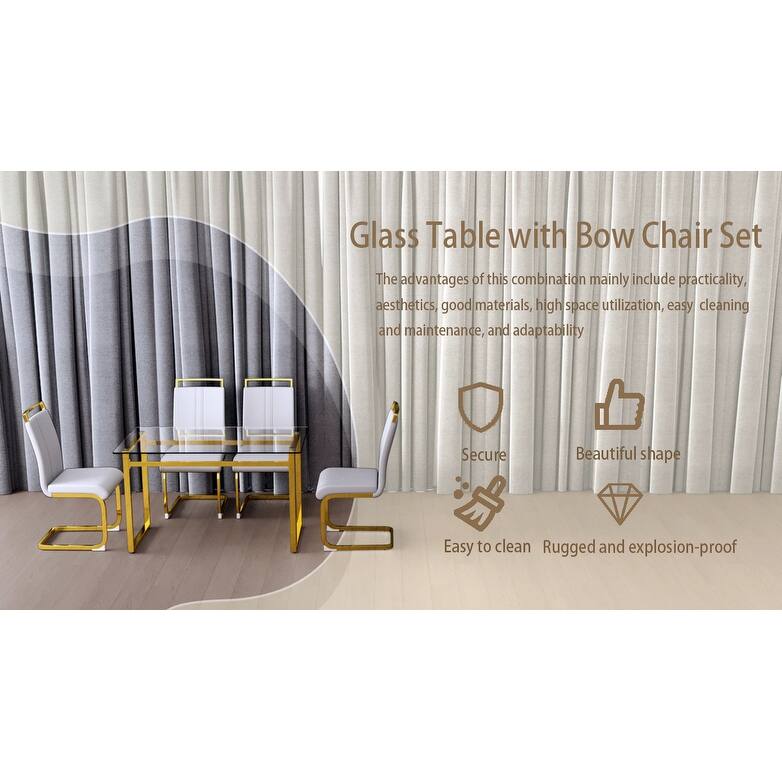 5-Piece Glass Dining Table Set with Gold Metal Legs and 4 PU Upholstered Chairs