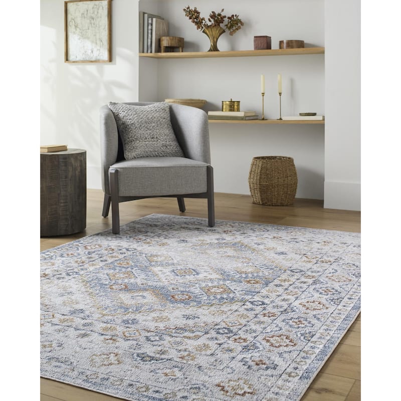 Livabliss Lillian Traditional Medallion Indoor/Outdoor Area Rug - Blue/Ivory - 6'7" x 9'