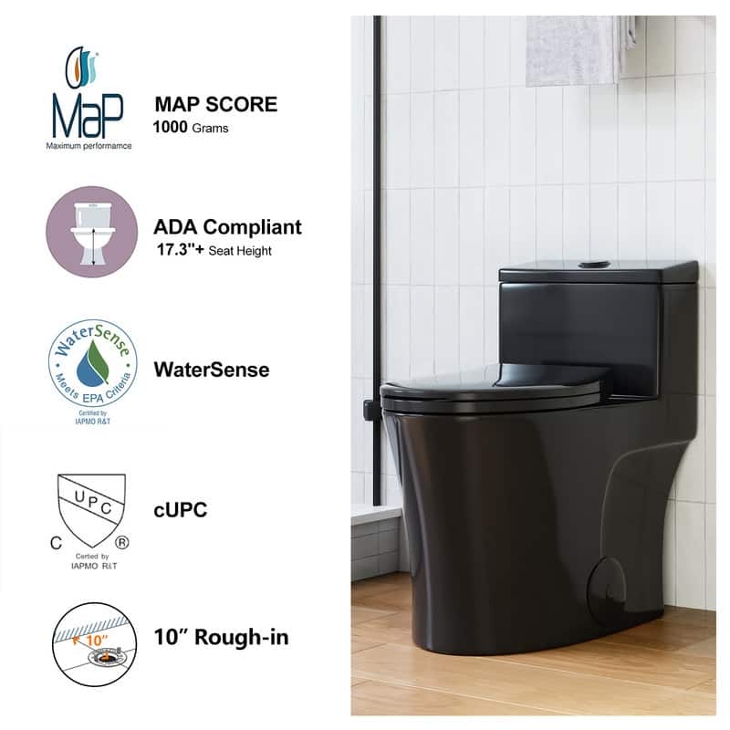 HOROW 1 Piece Dual Flush Elongated Toilet Matte Black 0.8 1.28 GPF Soft Close Seat Included - N/A