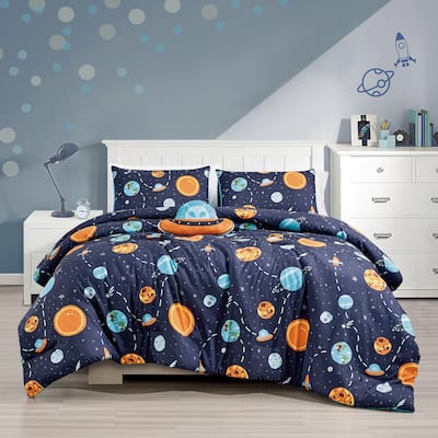 DCP 4 Piece All Season Soft Polyester Bedding Comforter Set,Navy with Universe Hearts