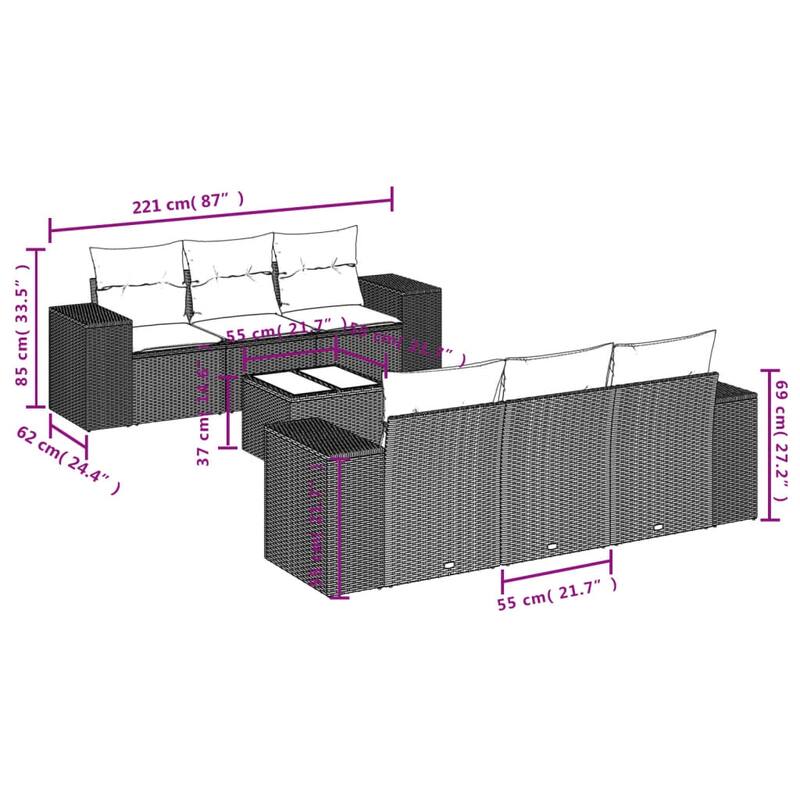 vidaXL Patio Sofa Set with Cushions Outdoor Furniture 7 Piece Poly Rattan - 24.4 x 36.6 x 27.2