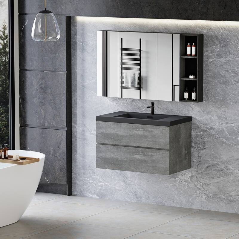 24/30/36/48/60 inch Melamine Floating Bathroom Vanity with Sink and Black Quartz Sand Top Basin and Soft Close Drawers