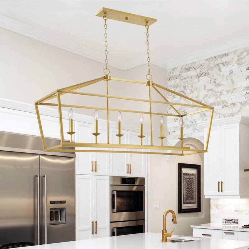 Finnick Mid-century Modern 6-light Rectangle Kitchen Island Lights Lantern Candle Chandelier - 49 inches - Satin Brass