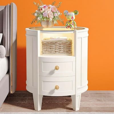 White-Ivory Metal Glass Bedside Table with LED Lighting and Drawers