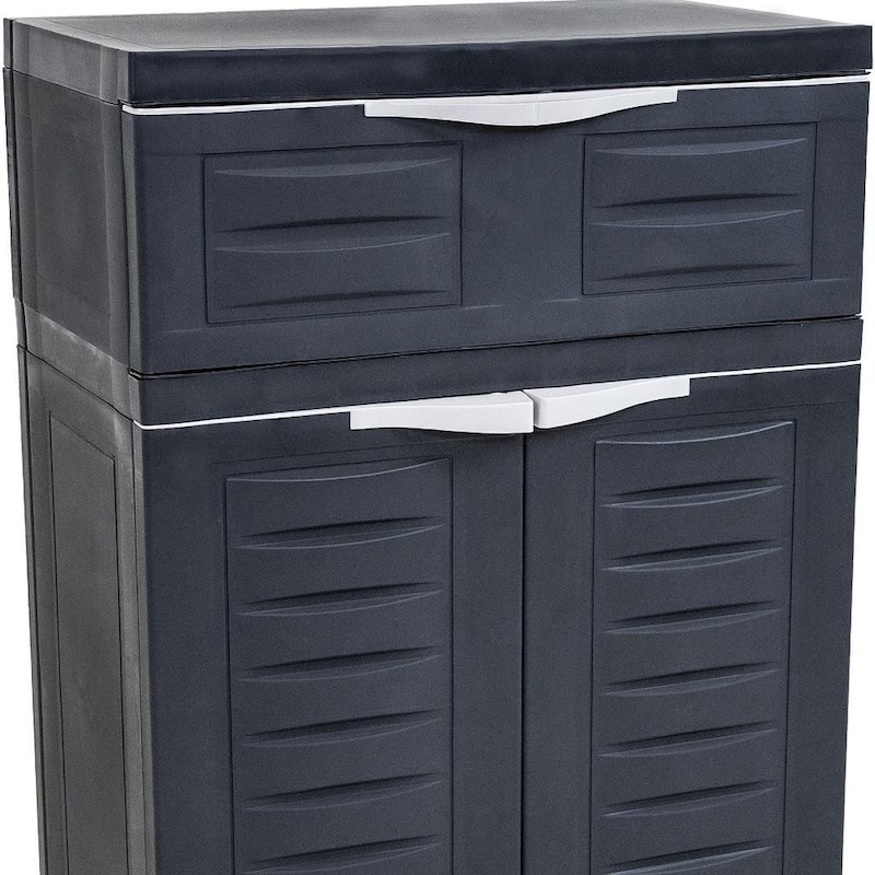 HomeRoots 35" Dark Gray Heavy Duty Plastic Two Door One Drawer Utility Cabinet - 23.50 in. x 34.50 in. x 13.75 in.