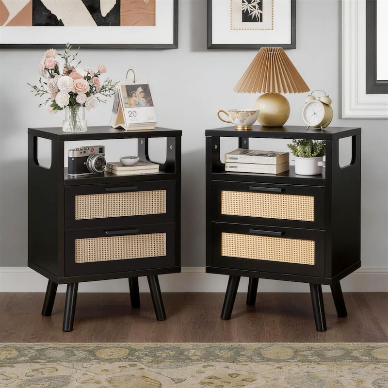 Set of 2 with 2 Drawers, 15.4" Modern Storage Bedside Table with Golden Metal Handles, Wooden End Table for Bedroom - Black