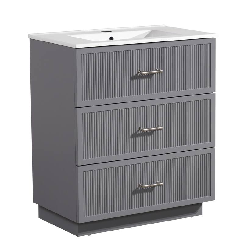 30 Inch Floor Standing Bathroom Vanity with Ceramic Sink and 2 Drawers - Grey