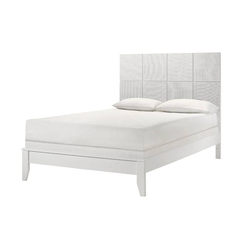 Deny Queen Size Bed w Grid Pattern Headboard, Tapered Front Legs, White