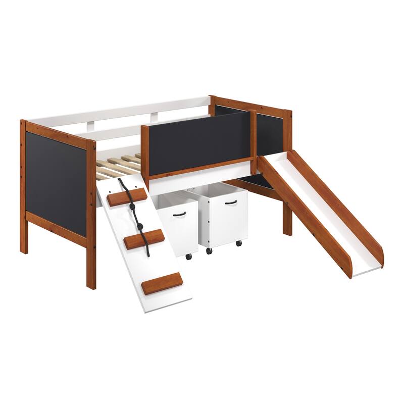 Twin size Wood Loft Bed with Slide and Chalkboard Panels