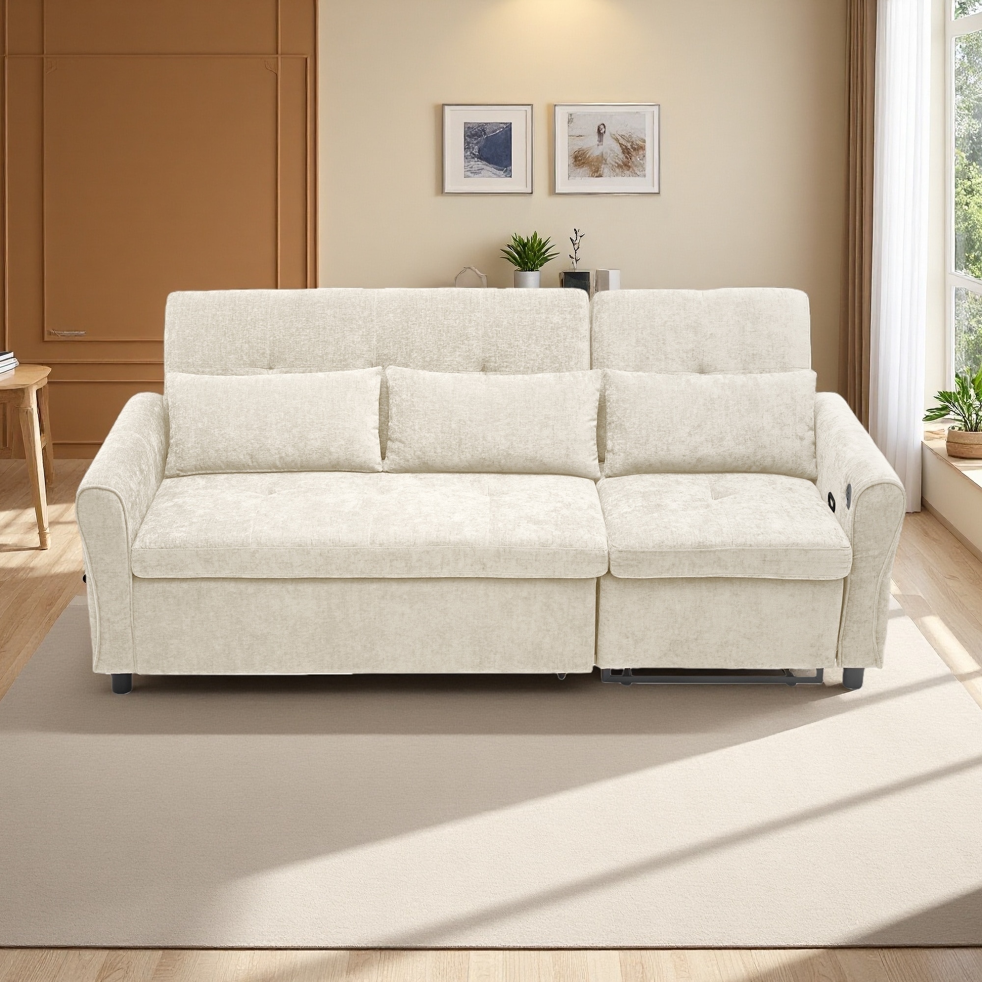 82" Chenille 2-in-1 Sofa Bed with Reversible Recliner and Dual USB Ports