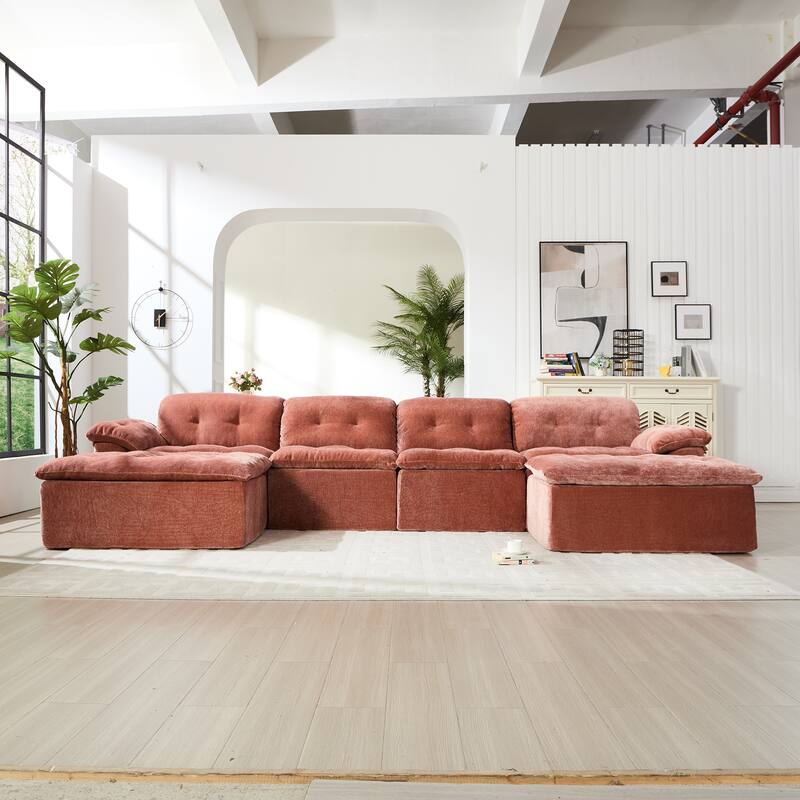 Modular Convertible Cushioned Sleeper Sofa Set - Orange(4 Seat+2 Ottoman)