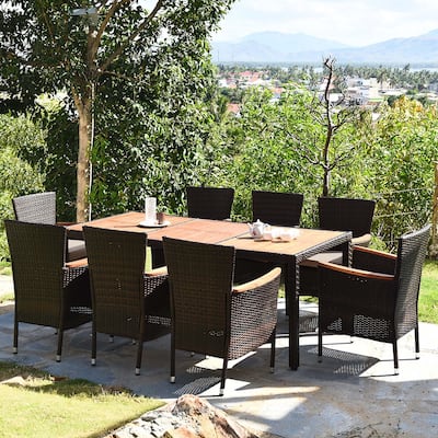 9PCS Patio Rattan Dining Set 8 Chairs Cushioned Acacia Table Top - 9-Piece Sets