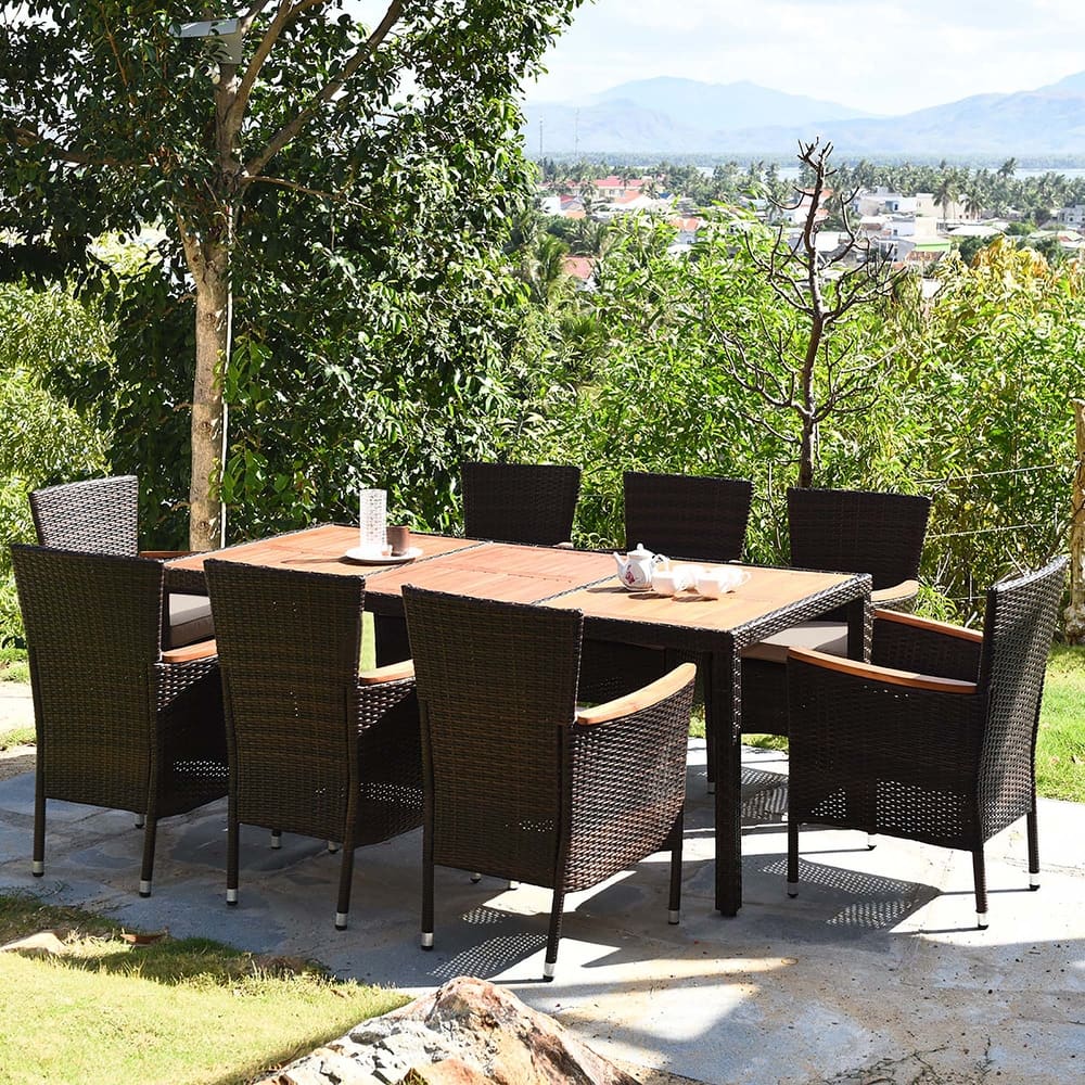 9PCS Patio Rattan Dining Set 8 Chairs Cushioned Acacia Table Top - 9-Piece Sets