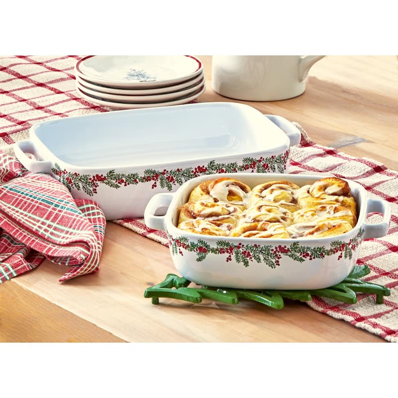 "Farmhouse Christmas" Collection White Stoneware with Holly Trim Rectangular Baking Dish, 13.6L x 8.25W x 2.75H-in. 88.0 oz,