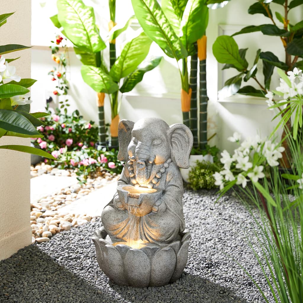 Glitzhome 21.75"H 2-Tiered Lighted Zen Style Frog Elephant Hippo Polyresin Outdoor Fountains