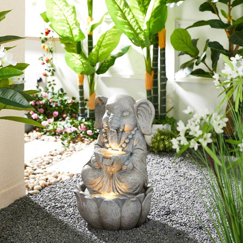 Glitzhome 21.75"H 2-Tiered Lighted Zen Style Frog Elephant Hippo Polyresin Outdoor Fountains
