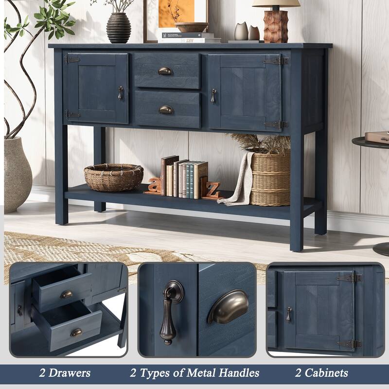 48" Solid Wood Sideboard Console Table with 2 Drawers and Bottom Shelf, Storage Dining Buffet Server Cabinet for Living Room