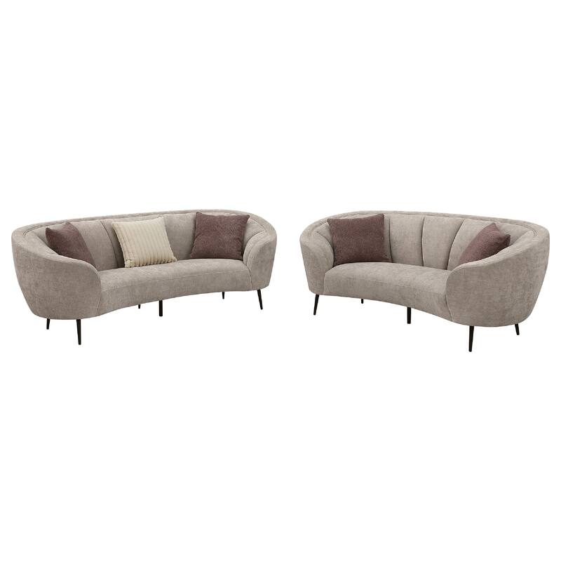 Zui 2pc Sofa Loveseat Set, Modern Curved Shape Beige Tufted Fabric, 4 Pillows