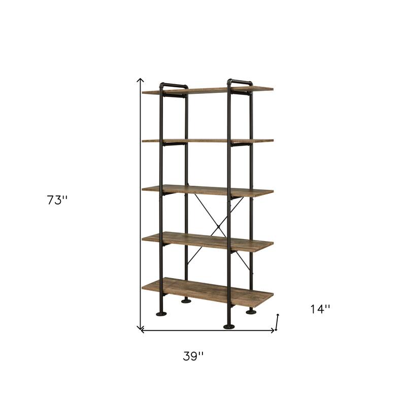 73inch Brown and Black Metal Five Tier Etagere Bookcase