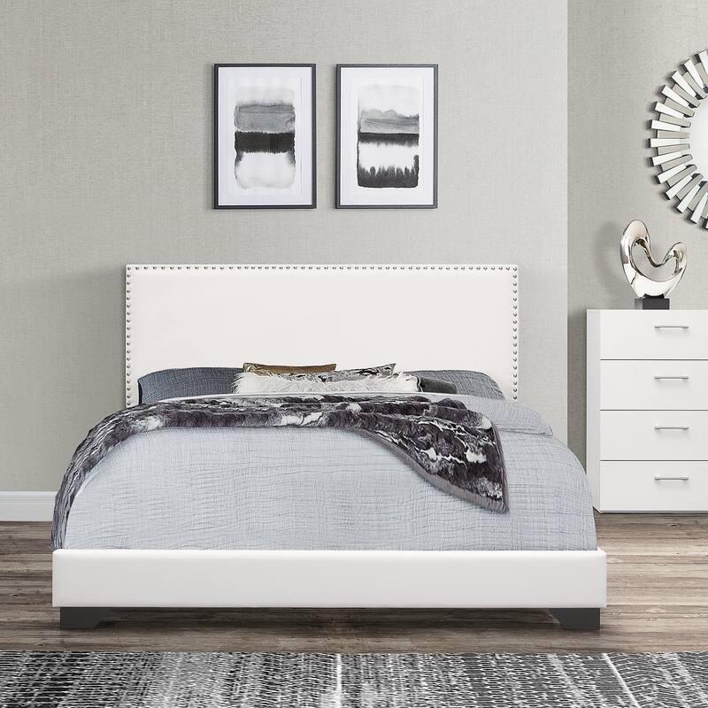 Gayle Nailhead Trim Faux Leather Upholstered Bed, by Hillsdale - White - Queen