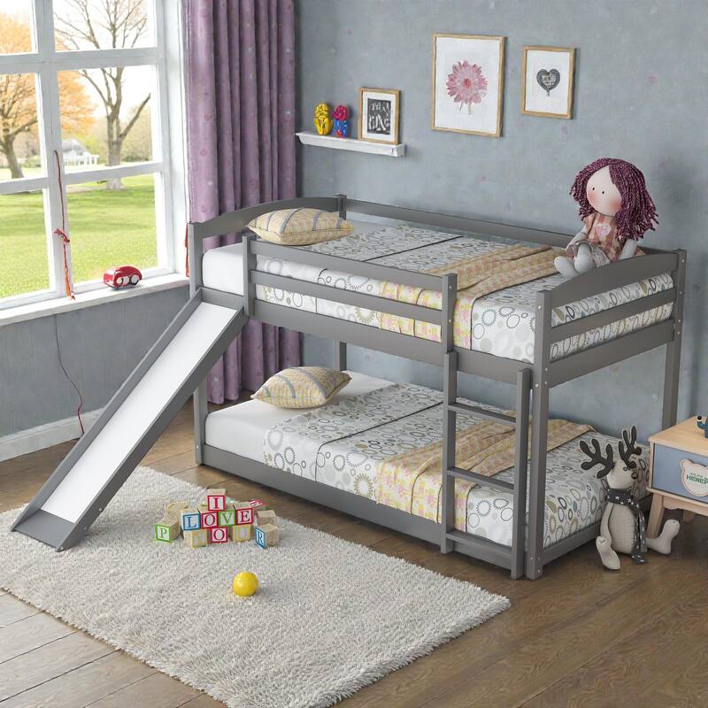 Twin over Twin Wooden Bunk Bed with Slide and Ladder, Convertible Design, Low Bunk Frame for Kids, Solid Pine & MDF