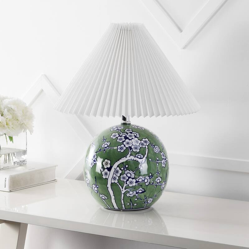 Alessio 19.5" Cottage Classic Chinoiserie Ceramic Orb LED Table Lamp with Pleated Shade, by JONATHAN Y