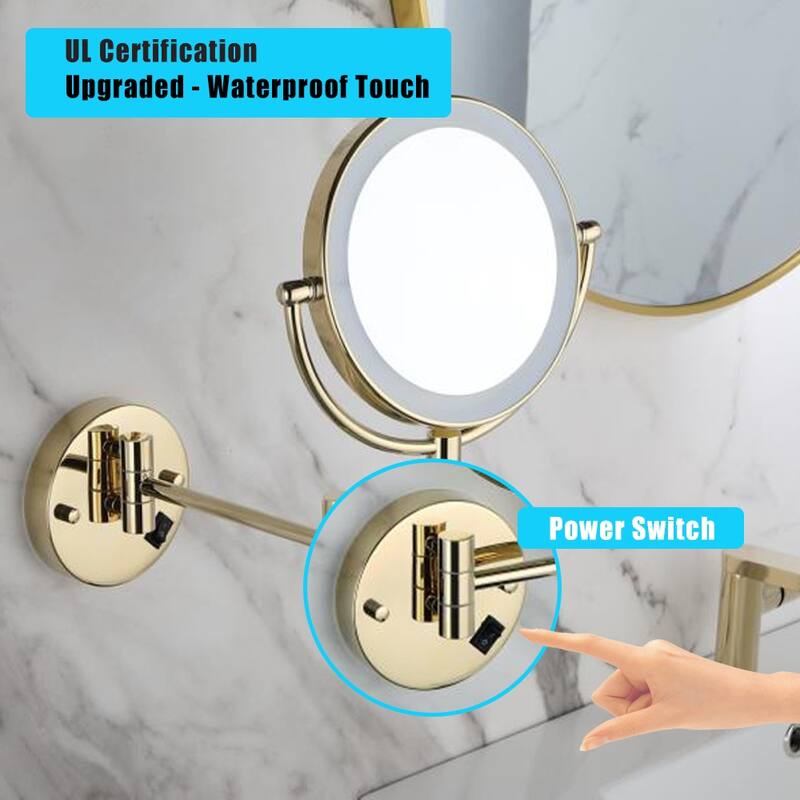 LED Wall-Mounted Two-Sided Makeup Vanity Mirror, 8-Inch, Waterproof with 1X/3X Magnification and Adjustable Arm