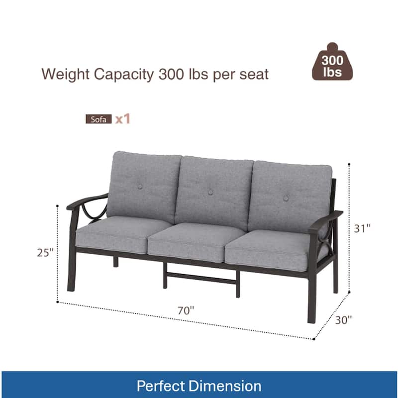 70" Metal 3-Seat Patio Sofa, Khaki Frame with Gray Cushions