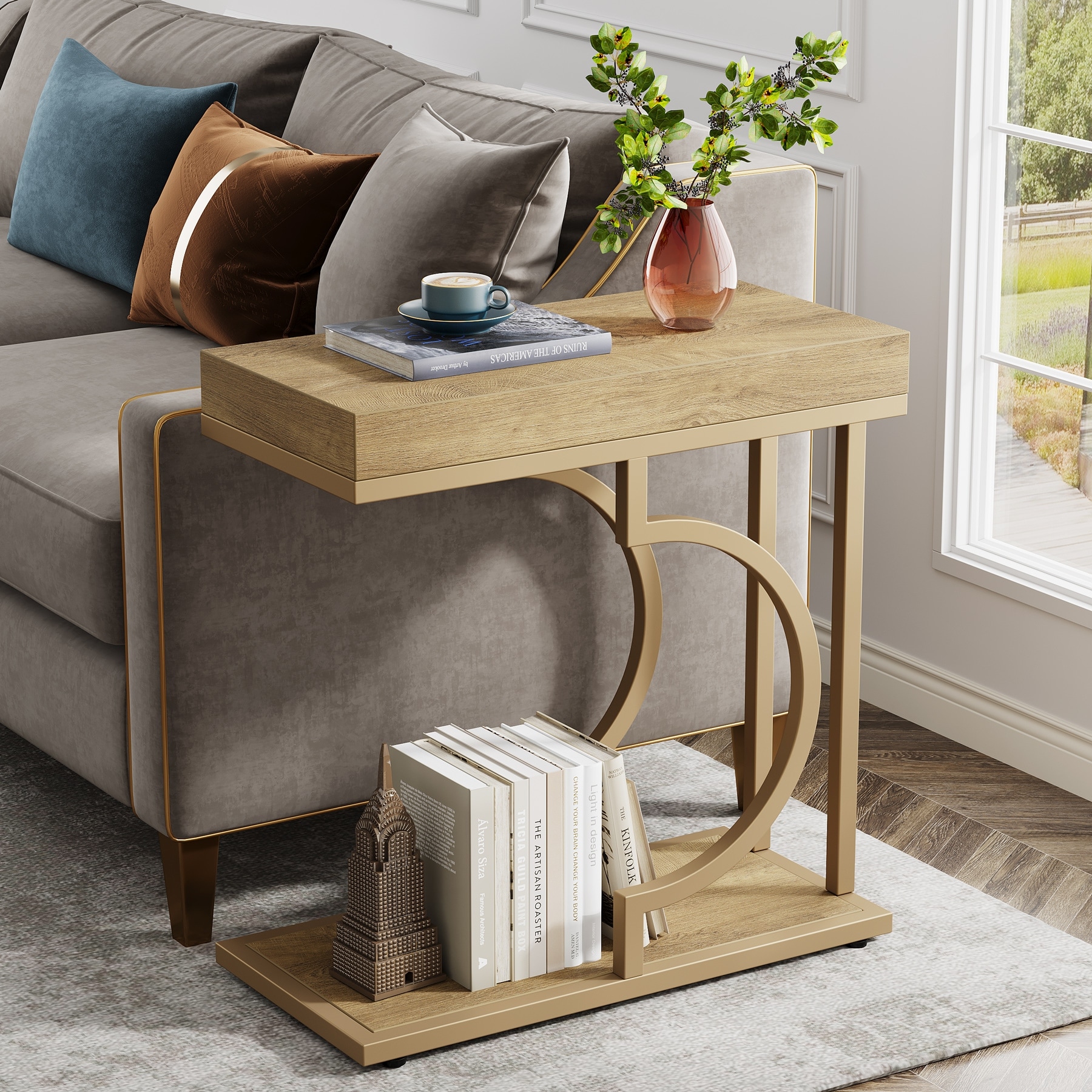 Narrow Side Table White Gold Side Table C Shaped End Table Modern Bedside Table