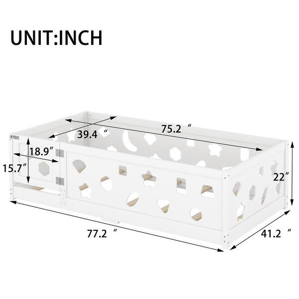 Twin Size Floor Bed with Heightened Safety Guardrails and Door, Solid Wood Bedframe with Rails