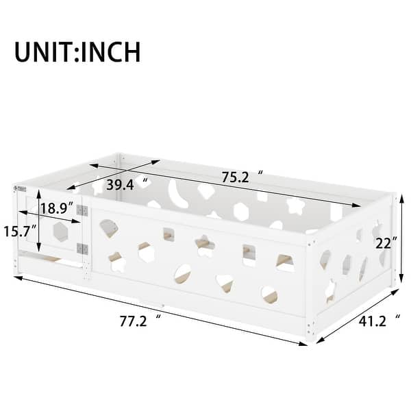 dimension image slide 4 of 8, White Bed Frame Montessori Bed Twin Size Toddler Floor Bed with Guardrails and Door for Children Boys Girls Kids Playroom