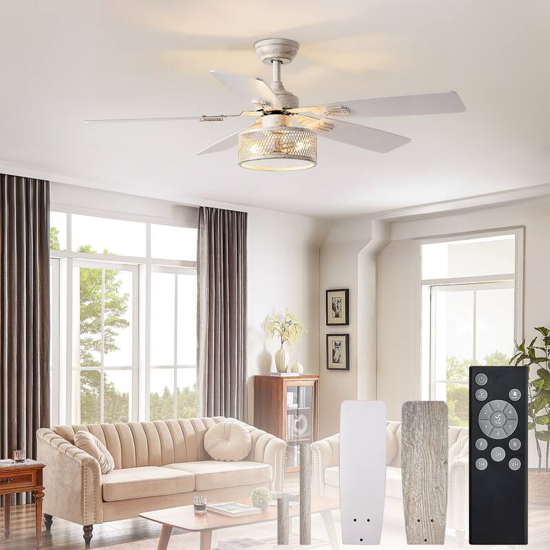 42-52Inch Caged Ceiling Fans with Lights: Dual Finish 5 Blades - Rustic with Remote Control (E26 Bulb Included) - 52in - White