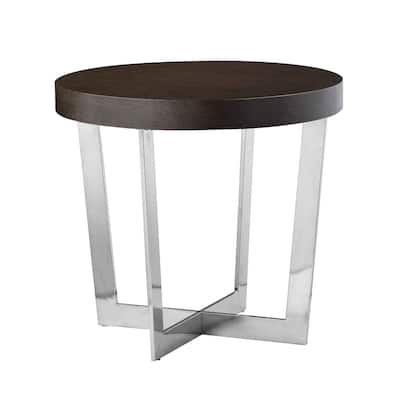 24 in. Espresso Brown and Chrome Round Wood End Table, Sturdy Build End Side Table for Living Rooms