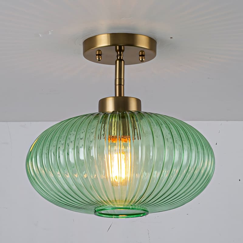 1 - Light Modern Glass Flush Mount Ceiling Light - Green/Gold - 1 Light