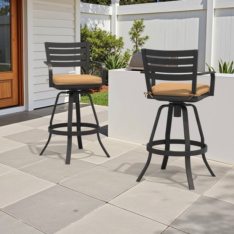 Outdoor Aluminum Swivel Bar Stools Sunbrella Textilene Sling Patio Barstools - Echo Teak - 2PC