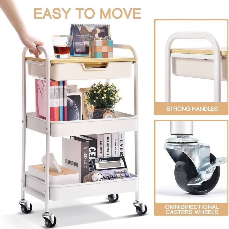 3 Tier Utility Rolling Cart with Wooden Board and Drawer - 11.8"D x 18.5"W x 30.3"H