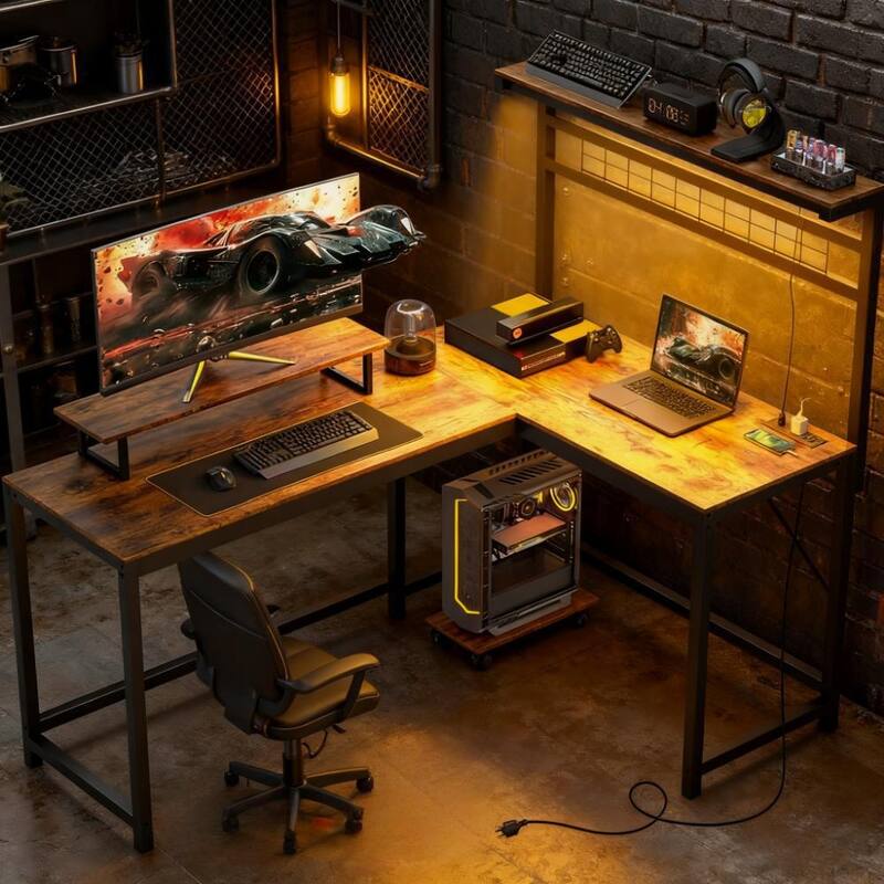 Computer Desk with Monitor Stand and CPU Shelf,L Shaped Gaming Desk with Power Outlets & LED Lights