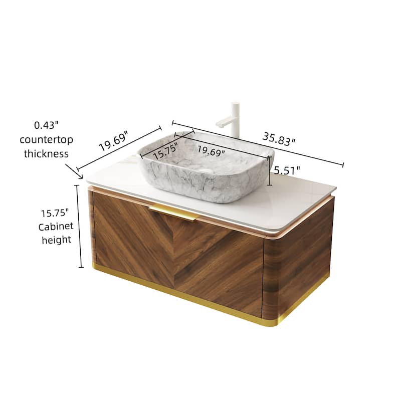 GDFStudio - Dipa Modern 36" Floating Bathroom Vanity with Sensor Light, Drawer & Marble Pattern Ceramic Basin, WITHOUT Faucet