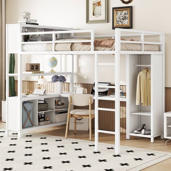 slide 2 of 14, Multifunctional Full Size Metal Loft Bed with Wardrobe,L-shaped Desk,Storage Cubes and Shelves White