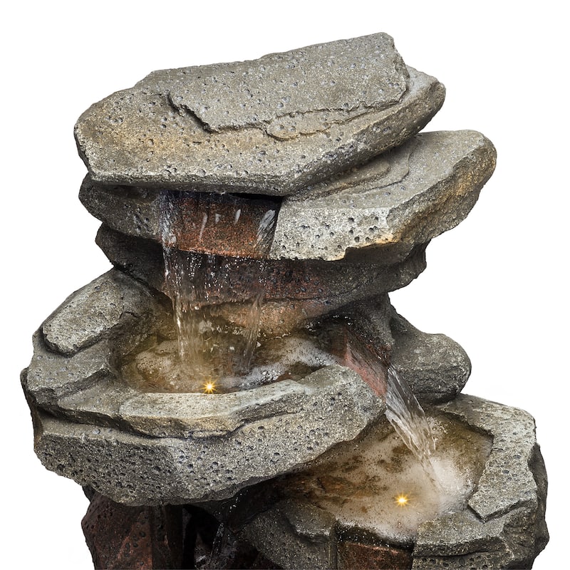 Alpine Corporation 40" Light Gray Outdoor 4 Tier Rock Water Fountain with LED Lights