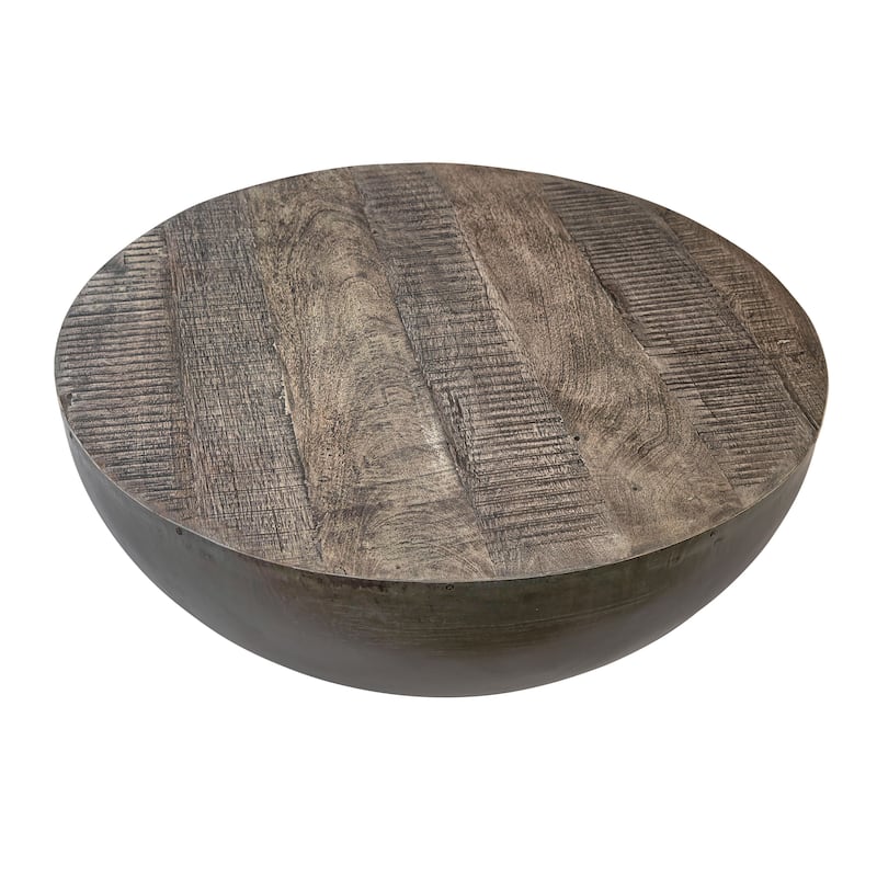 Lucia Reclaimed Teak and Iron Round Drum Style Coffee Table, Natural Grey