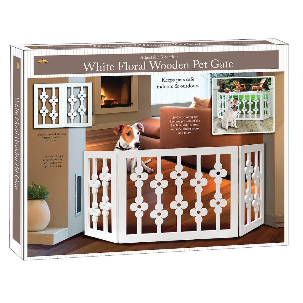 Etna White Floral Freestanding, Adjustable Wooden Pet Gate, 3-Sections, 47.5" x 19"